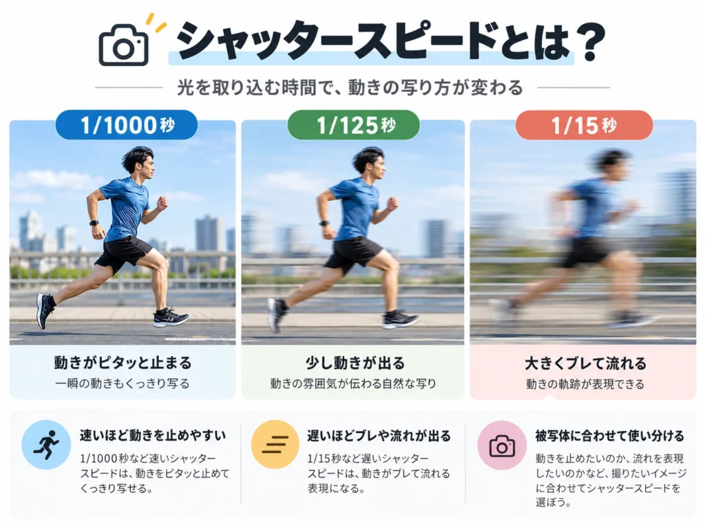 シャッタースピードの違いによる動きの写り方を比較した図