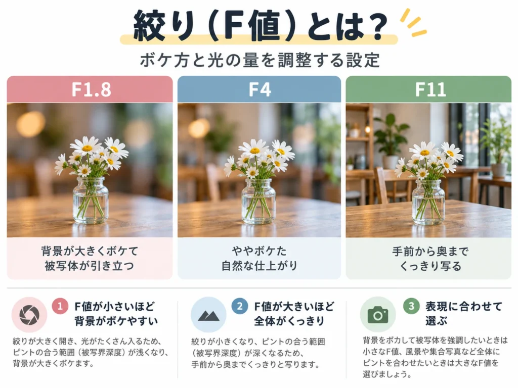 F値による背景ボケと被写界深度の違いを比較した図