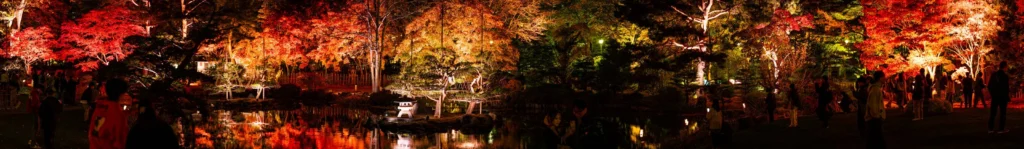 日本庭園の池と紅葉のパノラマ